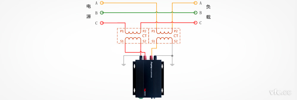 DT122數(shù)字變送器與兩個(gè)單相電流互感器測(cè)量三相電壓接線圖