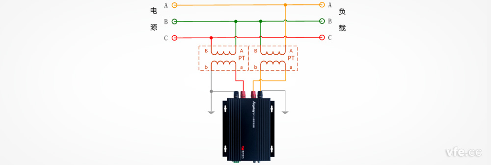DT122數(shù)字變送器與兩個(gè)單相電壓互感器測(cè)量三相電壓接線圖