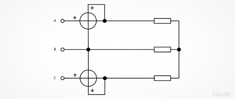 三相三線制電功率測(cè)量時(shí)的SP系列變頻功率傳感器接線圖(二瓦計(jì)法)