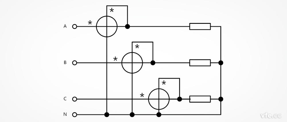 三相四線制電功率測(cè)量時(shí)的SP系列變頻功率傳感器接線圖(三瓦計(jì)法)